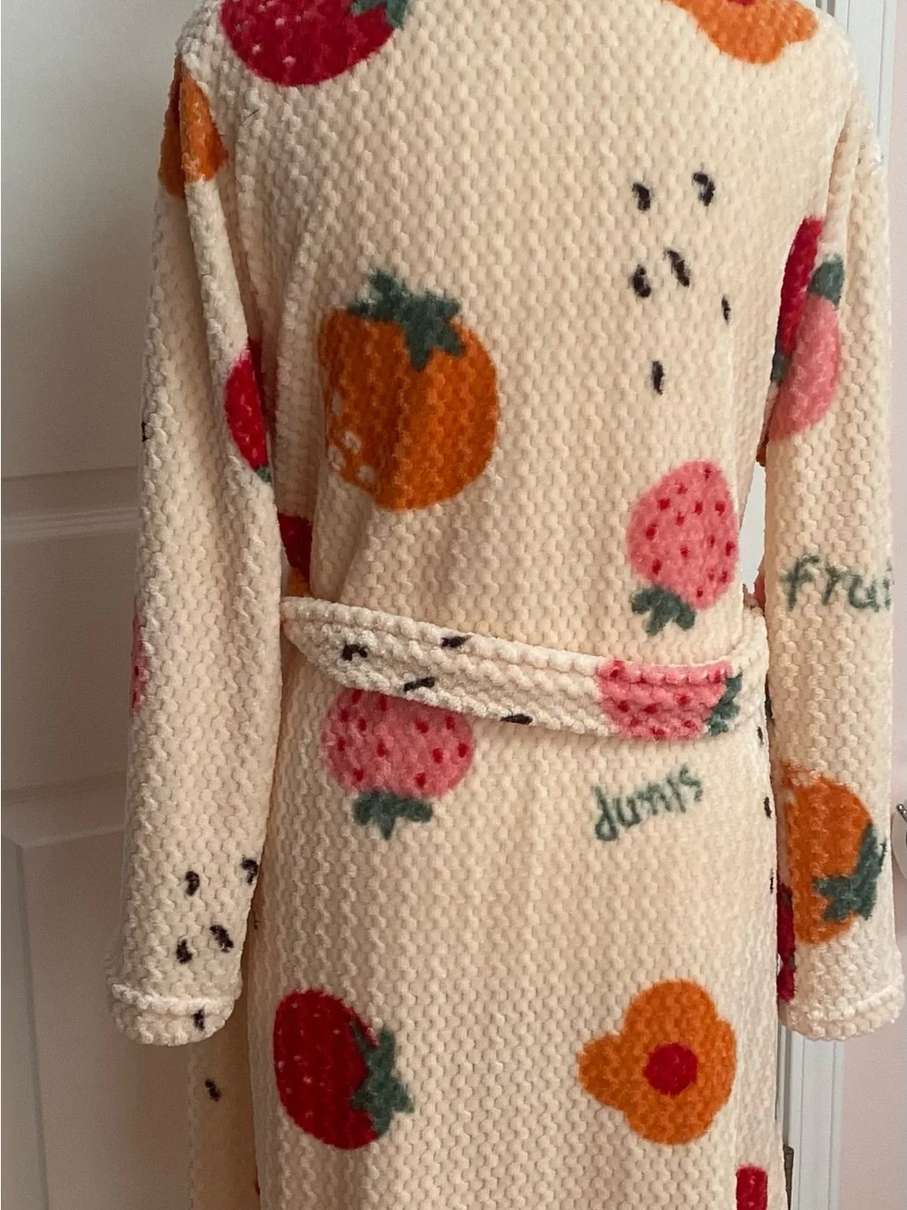 Source Unknown Cream Plush Robe with Pink, Orange and Green Fruit Print - Picture 2 of 4